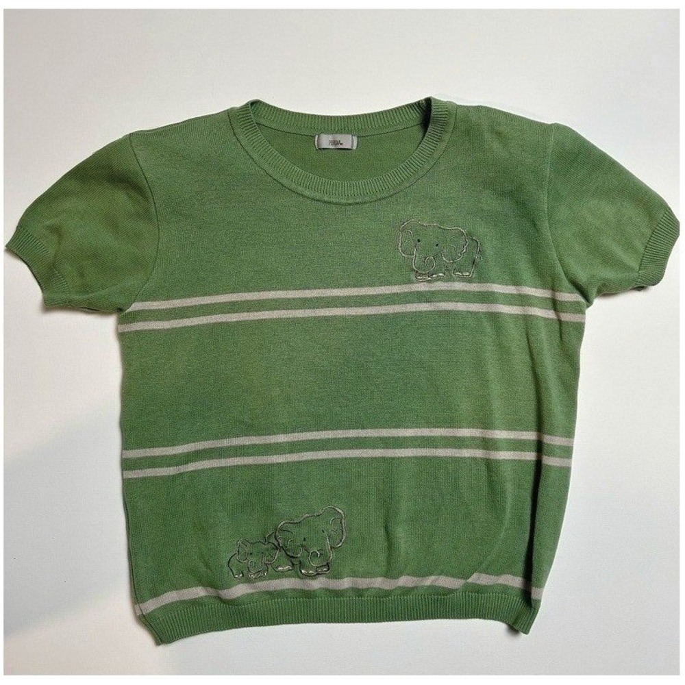 Vintage 80s Porsha Women M Green Elephant Knit Sweater Kawaii Retro Preppy